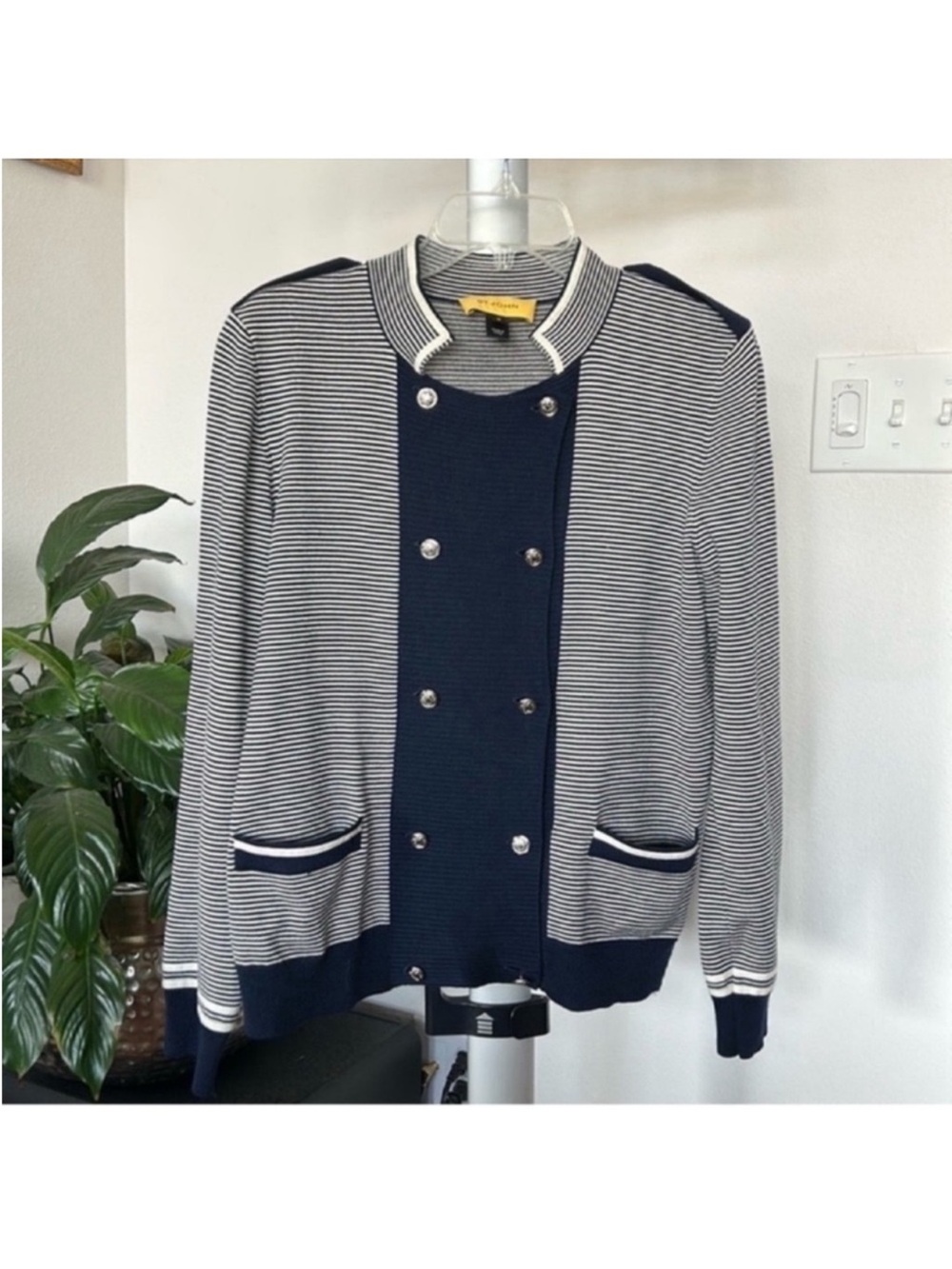 St. John Wool Nautical Knit Sweater Cardigan jacket/Top Sz M Navy Blue White